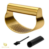 Snailhouse Garlic Press Rocker, Stainless Steel Garlic Mincer Crusher with Silicone Garlic Peeler Tube and Cleaning Brush, Gold