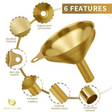 Snailhouse Small Funnels, 3 Pack Stainless Steel Mini Metal Food Funnel with Cleaning Brush Set for Filling Bottles Kitchen Use, Gold (1.78/2.16/2.95 in)