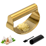 Snailhouse Garlic Press Rocker, Stainless Steel Garlic Mincer Crusher with Silicone Garlic Peeler Tube and Cleaning Brush, Gold