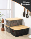 AREYZIN Storage Bins with Bamboo Lids Set of 6 Lidded Storage Container Plastic Baskets Organizer Bins for Organizing Kithen Room Bedroom Office Closet, Sturdy(Black)