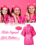 Jecery 5 Pack Kids Birthday Squad Girl Robes Silk Satin Spa Party Robes Flower Slumber Robes DIY Bathrobes with Headband for Party (Rose Red, 8)