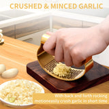 Snailhouse Garlic Press Rocker, Stainless Steel Garlic Mincer Crusher with Silicone Garlic Peeler Tube and Cleaning Brush, Gold