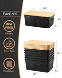 AREYZIN Storage Bins with Bamboo Lids Set of 6 Lidded Storage Container Plastic Baskets Organizer Bins for Organizing Kithen Room Bedroom Office Closet, Sturdy(Black)