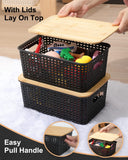 AREYZIN Storage Bins with Bamboo Lids Set of 6 Lidded Storage Container Plastic Baskets Organizer Bins for Organizing Kithen Room Bedroom Office Closet, Sturdy(Black)