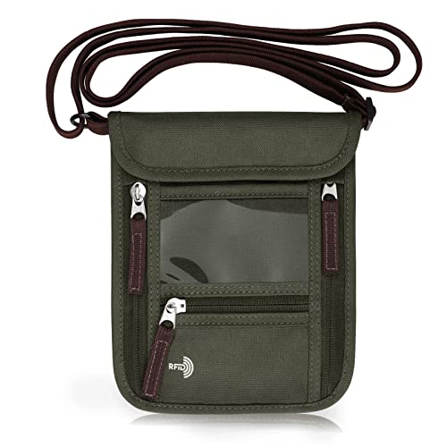 WALNEW Passport Holder Neck Pouch Travel Wallet for Women and Men, RFID Blocking Security Slim Traveling Wallet with Around Neck Lanyard Strap, Army Green