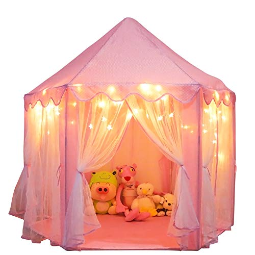 ORIAN Princess Castle Playhouse Tent for Girls with LED Star Lights – Indoor & Outdoor Large Kids Play Tent – ASTM Certified, Princess Tent Gift, 230 Polyester Taffeta. Pink 55