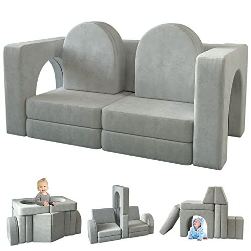 wanan Kids Couch 10PCS, for Toddler with Modular for Playroom Bedroom, 10 in 1 Multifunctional Couch for Playing, Creativing, Sleeping, Indoor Sofa (Grey)
