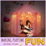 ORIAN Princess Castle Playhouse Tent for Girls with LED Star Lights – Indoor & Outdoor Large Kids Play Tent – ASTM Certified, Princess Tent Gift, 230 Polyester Taffeta. Pink 55"x53".