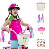 Boao Kid's Bicycle Basket Streamers Set, Unicorn Children's Bike Handlebar Wicker Basket Bike Streamers Bell and Stickers,Bike Basket Front Decoration for Girls (White)