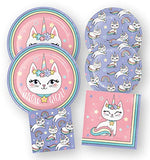 Kitty Unicorn Party Supplies Pastel Rainbow Cat Plates Napkins Set (64 Count)