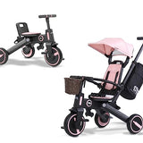 Newtronx Trixplorer Foldable Tricycle-Toddler Tricycle Removable Push Handle, Rotatable Seat, Adjustable Canopy, Safety Harness, Storage, Basket-Tricycle for Toddlers for 1-5 Year Old (Pink/Princess)