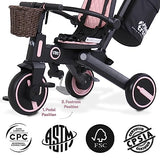 Newtronx Trixplorer Foldable Tricycle-Toddler Tricycle Removable Push Handle, Rotatable Seat, Adjustable Canopy, Safety Harness, Storage, Basket-Tricycle for Toddlers for 1-5 Year Old (Pink/Princess)