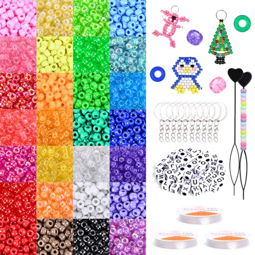 VICOVI 4200Pcs Pony Beads Kit in 28 Colors, Rainbow Color Beads for Kids DIY Craft Gift, Bracelet, Hair Beads with Letter Beads Elastic Strings